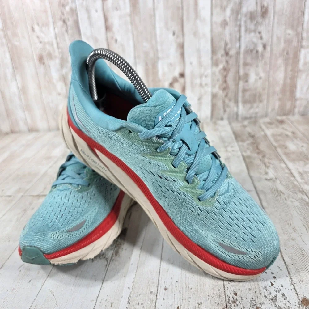 Hoka One One Clifton 8 Womens 7.5 Running Shoes Aquarelle Blue Red 1119394 AEBL